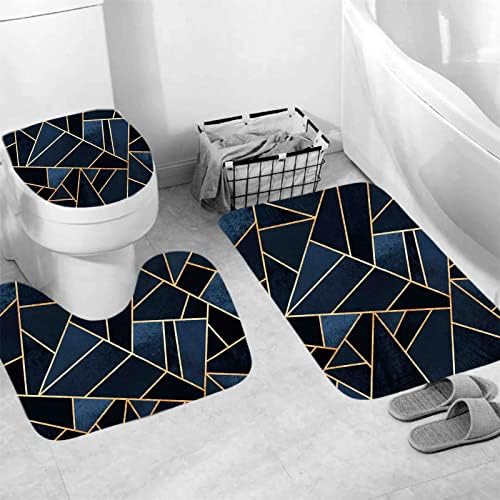 4 Adet Geometri Duş Perde Setleri,Siyah Mavi Üçgen Banyo Seti,Kaymaz Kilim ve Tuvalet Kapağı ile Kapak ve Banyo Paspas, 12
