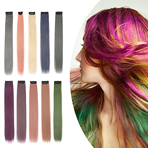 [2 adet] Renkli Klip Saç Uzatma 24 inç Gökkuşağı ısıya dayanıklı düz Parti Vurgulamak Hairpieces Renkli Klip Sentetik Saç 68g