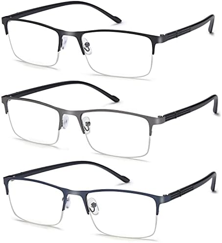 EYEURL 3 Paket okuma gözlüğü Erkekler ve Kadınlar için, dikdörtgen Metal Yarım Çerçeve Mavi ışık Engelleme Okuyucular Anti