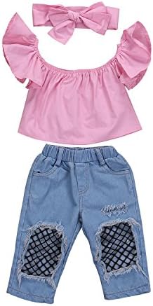 Toddler Bebek Kız Kapalı Omuz Fırfır Tüp Tops + Ripped Fishnet Denim Pantolon Pantolon ile Kafa Bandı Kıyafetler Giysi Set